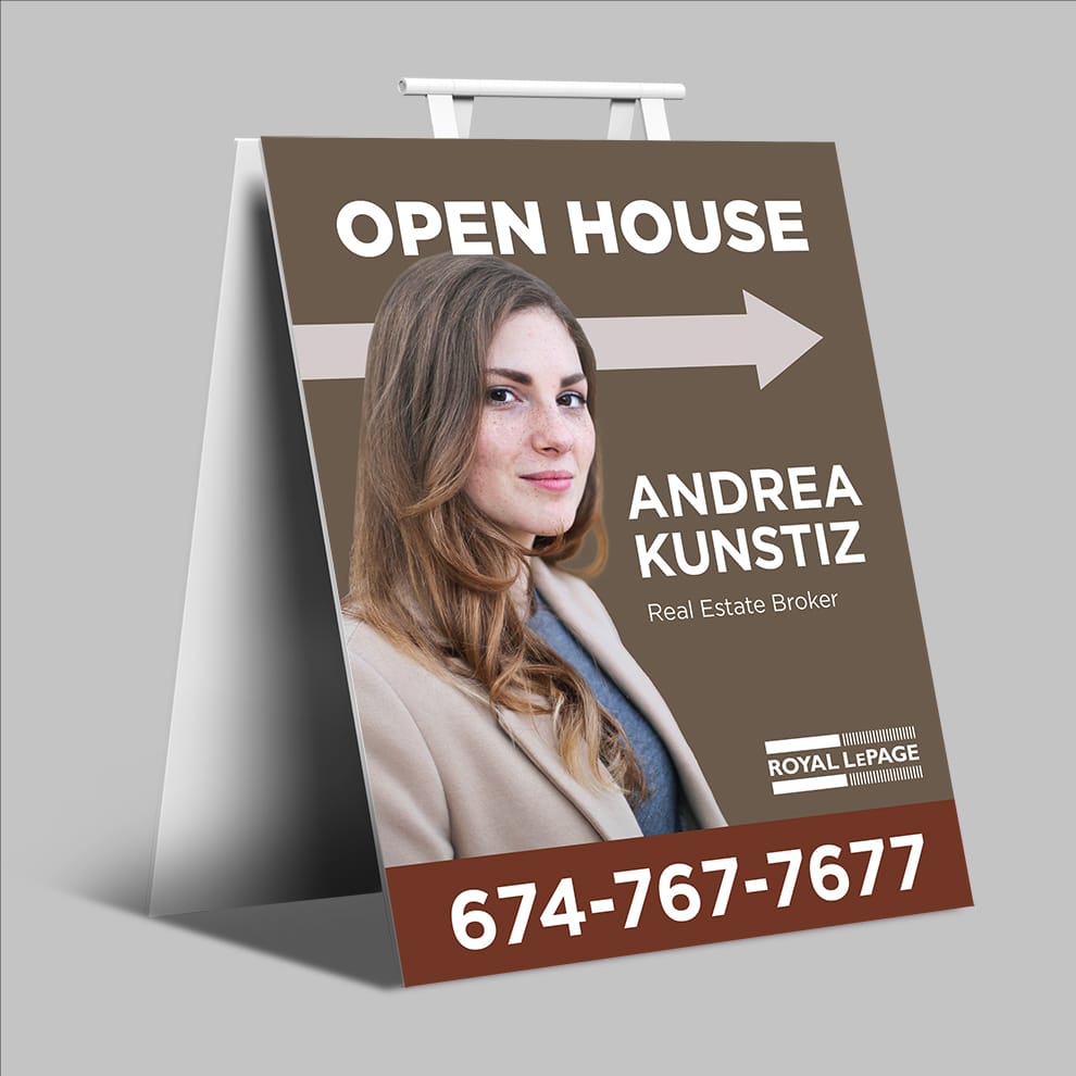 Open house sign of a female agent